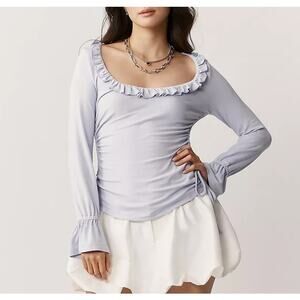 Maeve Anthropologie Long Sleeve Ruffle Scoop Neck Ruched Top Lavender Purple S